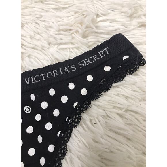 Vintage 2015 Victoria's Secret Black Polka-Dot VS Trim Lace Thong Panties Med - Picture 4 of 6